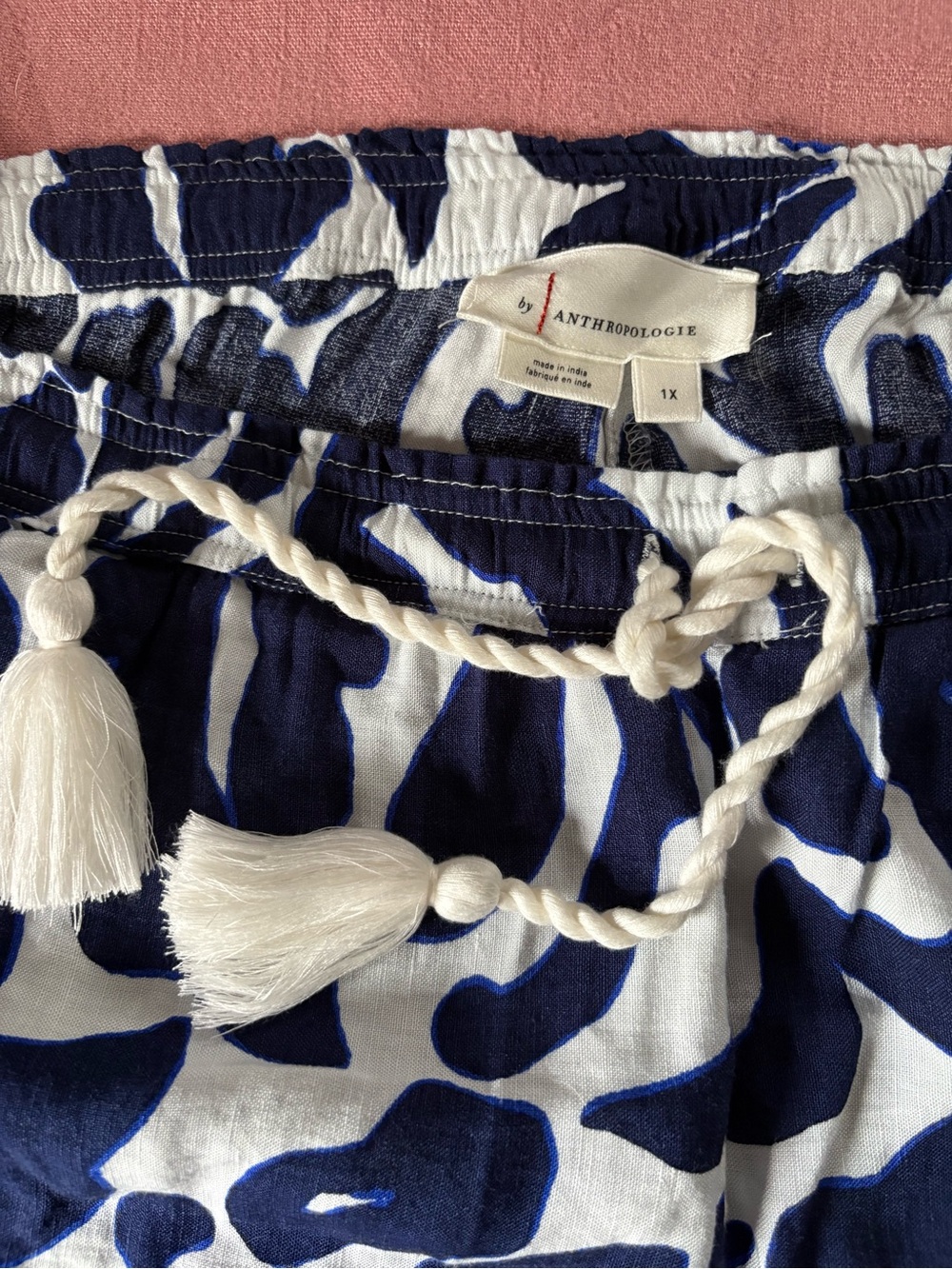 Anthropologie Wide-Leg Pants Pull-On Linen Blend White Blue Boho Beach Summer 1X - Picture 3 of 5